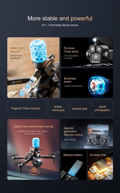 Dron K11 Max Shoot Triple Cámara Dispara Bolitas Hidrogel Negro